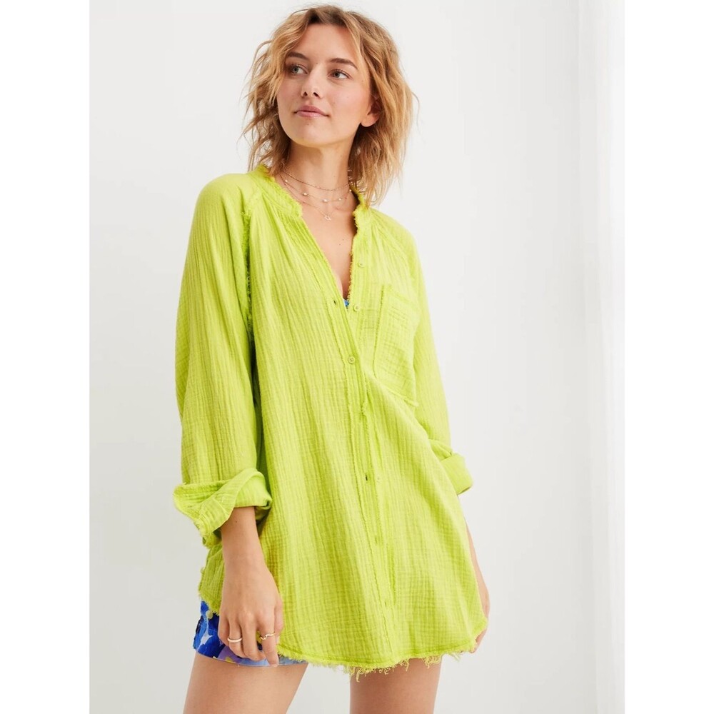 aerie Neon Lime Textured Button-Front Top